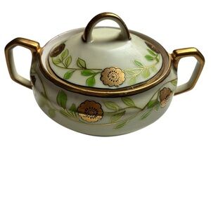 Vintage Nippon Floral Ceramic Sugar Bowl with Green Leaves and Gold Flowers